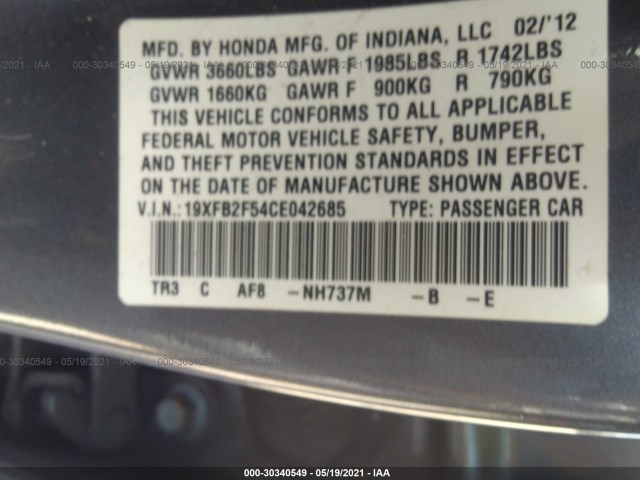 Photo 8 VIN: 19XFB2F54CE042685 - HONDA CIVIC SDN 