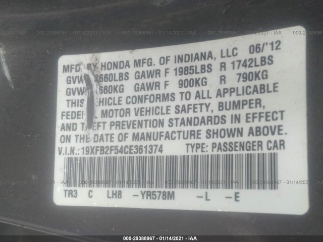 Photo 8 VIN: 19XFB2F54CE361374 - HONDA CIVIC SDN 