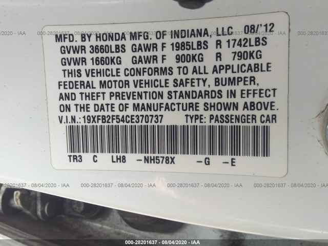 Photo 8 VIN: 19XFB2F54CE370737 - HONDA CIVIC SDN 