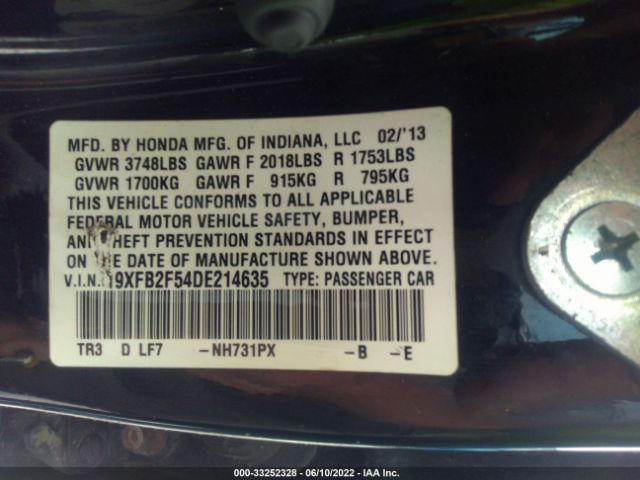 Photo 8 VIN: 19XFB2F54DE214635 - HONDA CIVIC SDN 