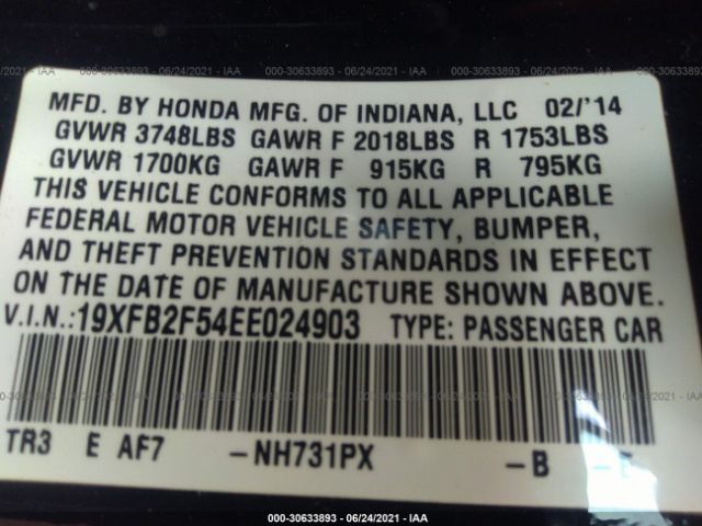 Photo 8 VIN: 19XFB2F54EE024903 - HONDA CIVIC SEDAN 