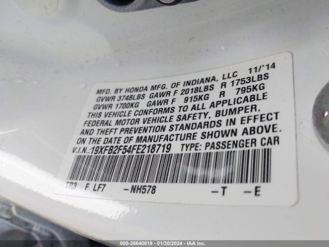 Photo 8 VIN: 19XFB2F54FE218719 - HONDA CIVIC 