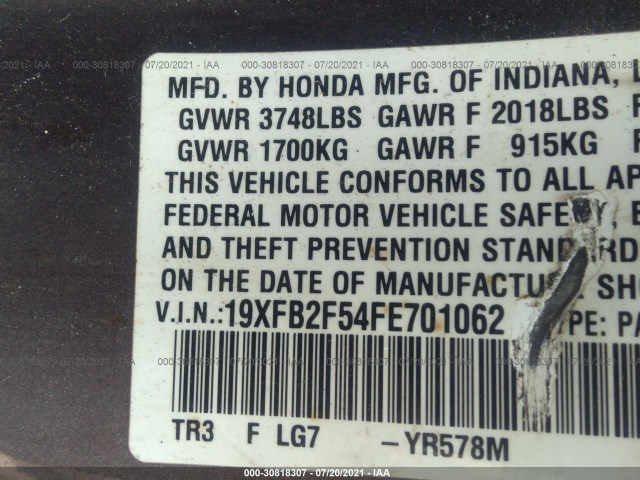 Photo 8 VIN: 19XFB2F54FE701062 - HONDA CIVIC SEDAN 