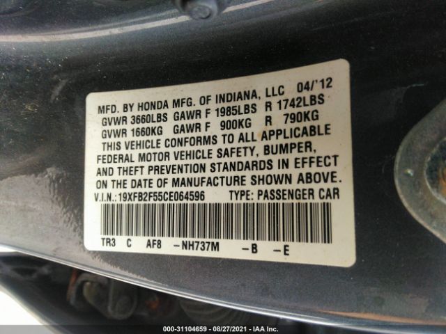 Photo 8 VIN: 19XFB2F55CE064596 - HONDA CIVIC SDN 