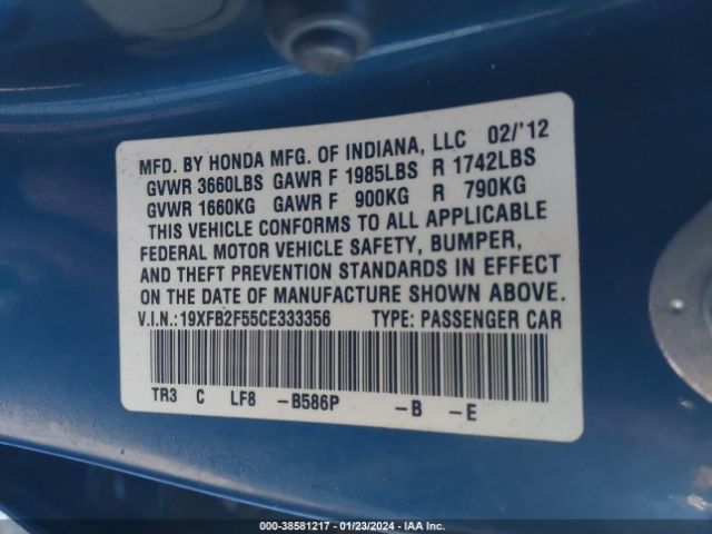 Photo 8 VIN: 19XFB2F55CE333356 - HONDA CIVIC 