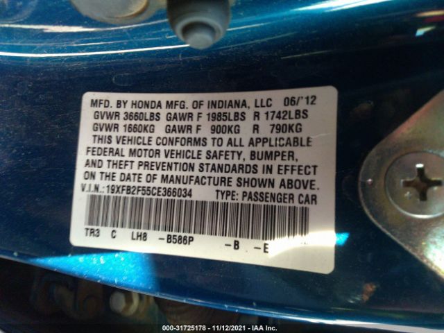 Photo 8 VIN: 19XFB2F55CE366034 - HONDA CIVIC SDN 