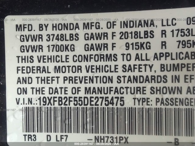 Photo 8 VIN: 19XFB2F55DE275475 - HONDA CIVIC SDN 