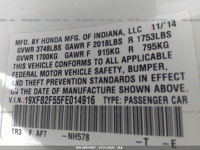 Photo 8 VIN: 19XFB2F55FE014916 - HONDA CIVIC SEDAN 