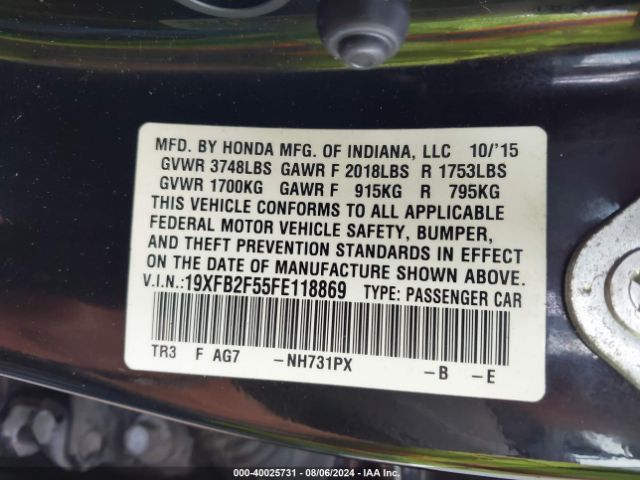 Photo 8 VIN: 19XFB2F55FE118869 - HONDA CIVIC 