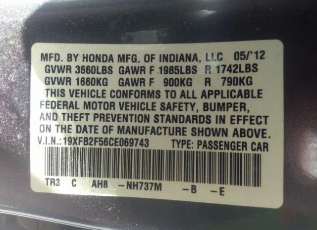 Photo 8 VIN: 19XFB2F56CE069743 - HONDA CIVIC SDN 