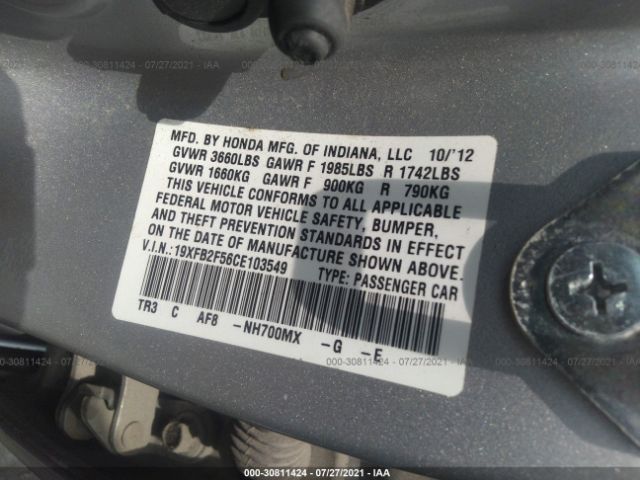 Photo 8 VIN: 19XFB2F56CE103549 - HONDA CIVIC SDN 