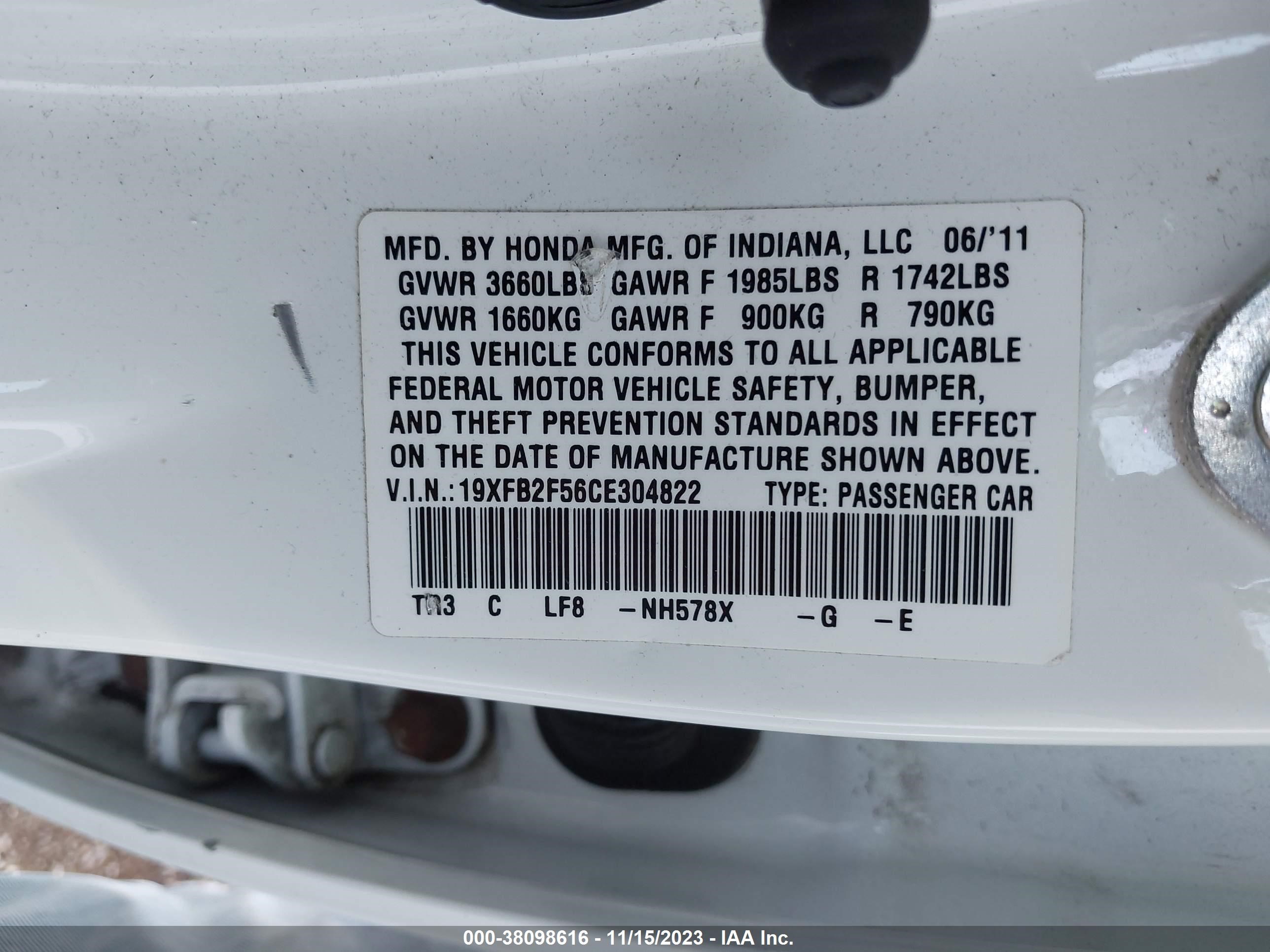 Photo 8 VIN: 19XFB2F56CE304822 - HONDA CIVIC 