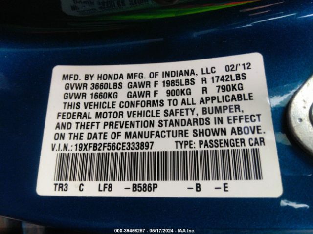 Photo 8 VIN: 19XFB2F56CE333897 - HONDA CIVIC 