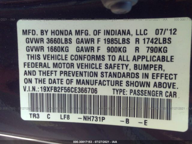 Photo 8 VIN: 19XFB2F56CE366706 - HONDA CIVIC SDN 