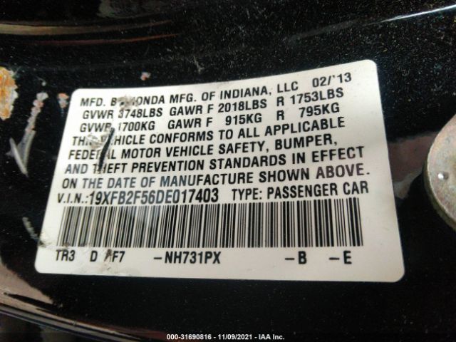 Photo 8 VIN: 19XFB2F56DE017403 - HONDA CIVIC SDN 