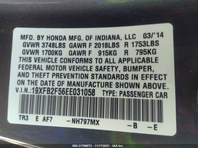 Photo 8 VIN: 19XFB2F56EE031058 - HONDA CIVIC SEDAN 