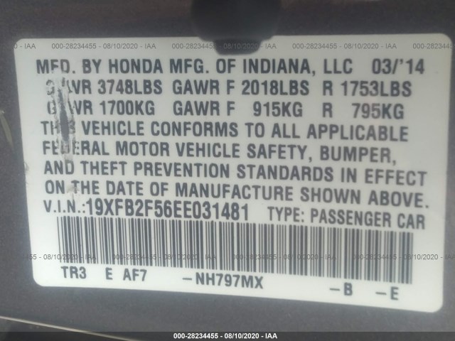 Photo 8 VIN: 19XFB2F56EE031481 - HONDA CIVIC SEDAN 