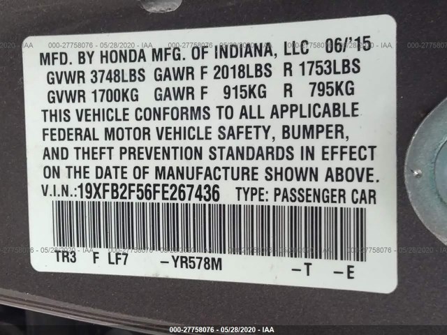 Photo 8 VIN: 19XFB2F56FE267436 - HONDA CIVIC SEDAN 