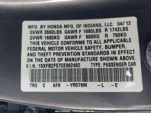 Photo 8 VIN: 19XFB2F57CE062462 - HONDA CIVIC SDN 