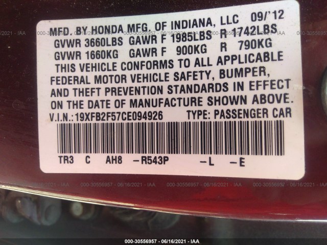 Photo 8 VIN: 19XFB2F57CE094926 - HONDA CIVIC SDN 