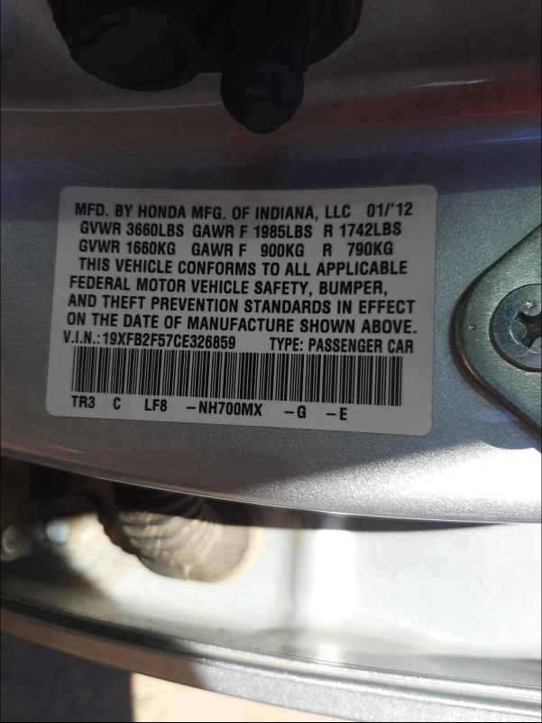 Photo 9 VIN: 19XFB2F57CE326859 - HONDA CIVIC LX 