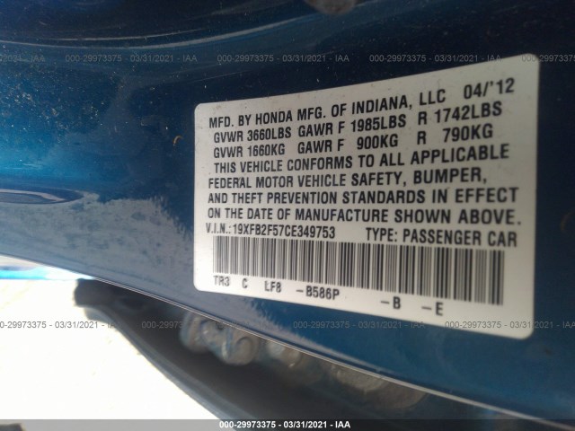 Photo 8 VIN: 19XFB2F57CE349753 - HONDA CIVIC SDN 