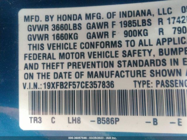 Photo 8 VIN: 19XFB2F57CE357836 - HONDA CIVIC 