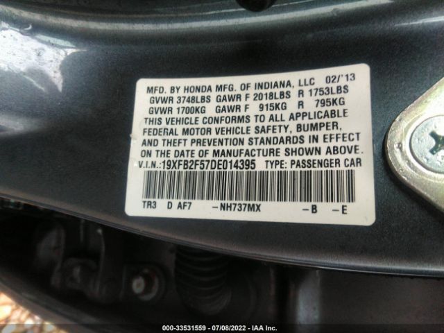 Photo 8 VIN: 19XFB2F57DE014395 - HONDA CIVIC SDN 