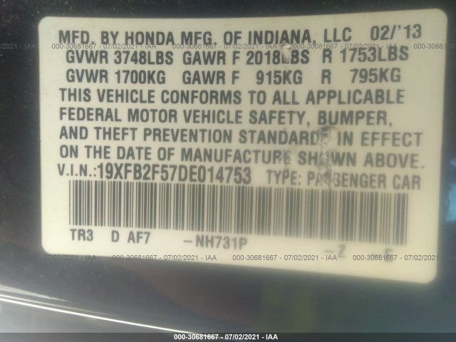 Photo 8 VIN: 19XFB2F57DE014753 - HONDA CIVIC SDN 