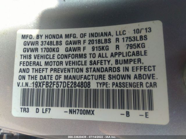 Photo 8 VIN: 19XFB2F57DE284808 - HONDA CIVIC SDN 