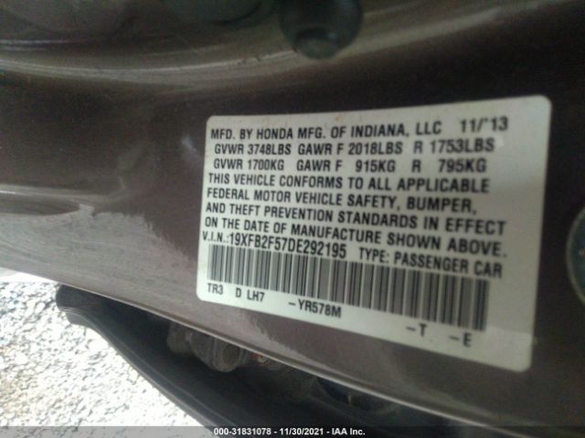 Photo 8 VIN: 19XFB2F57DE292195 - HONDA CIVIC SDN 