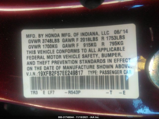 Photo 8 VIN: 19XFB2F57EE249817 - HONDA CIVIC SEDAN 