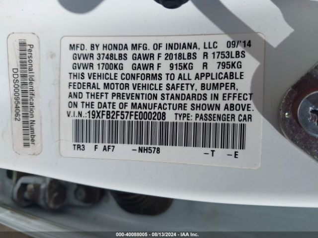 Photo 8 VIN: 19XFB2F57FE000208 - HONDA CIVIC 