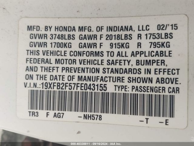 Photo 8 VIN: 19XFB2F57FE043155 - HONDA CIVIC 