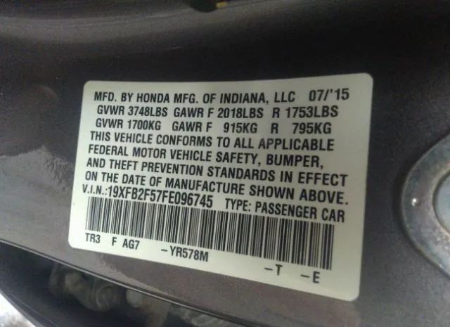 Photo 8 VIN: 19XFB2F57FE096745 - HONDA CIVIC SEDAN 