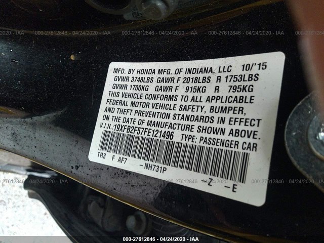 Photo 8 VIN: 19XFB2F57FE121496 - HONDA CIVIC SEDAN 