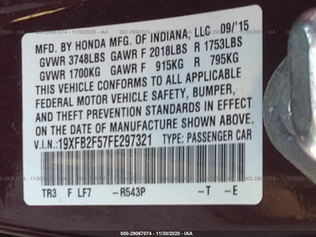 Photo 8 VIN: 19XFB2F57FE297321 - HONDA CIVIC SEDAN 