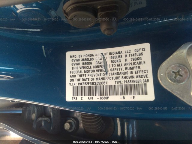 Photo 8 VIN: 19XFB2F58CE053351 - HONDA CIVIC SDN 