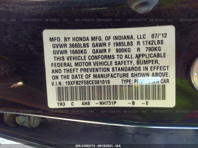 Photo 8 VIN: 19XFB2F58CE081019 - HONDA CIVIC SDN 