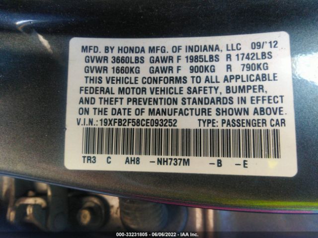 Photo 8 VIN: 19XFB2F58CE093252 - HONDA CIVIC SDN 