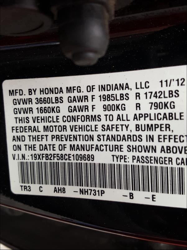 Photo 9 VIN: 19XFB2F58CE109689 - HONDA CIVIC LX 