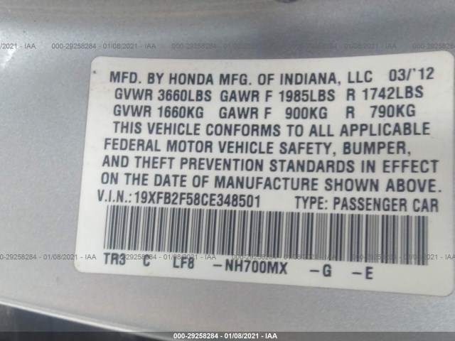 Photo 8 VIN: 19XFB2F58CE348501 - HONDA CIVIC SDN 