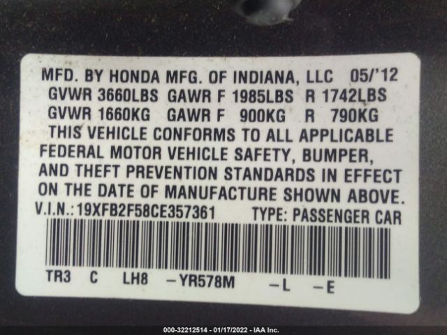 Photo 8 VIN: 19XFB2F58CE357361 - HONDA CIVIC SDN 