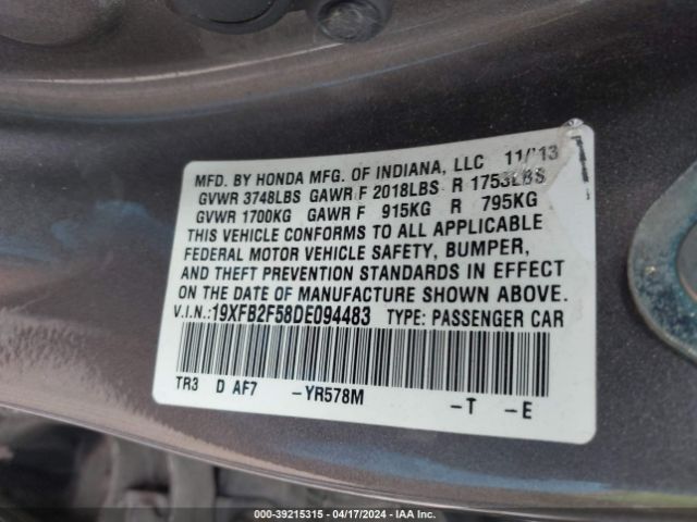 Photo 8 VIN: 19XFB2F58DE094483 - HONDA CIVIC 