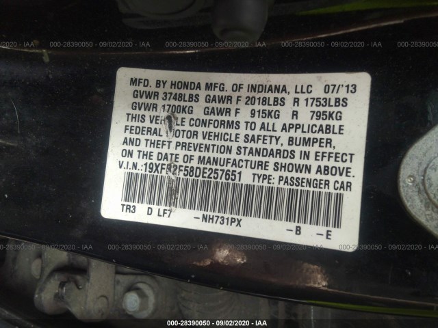 Photo 8 VIN: 19XFB2F58DE257651 - HONDA CIVIC SDN 