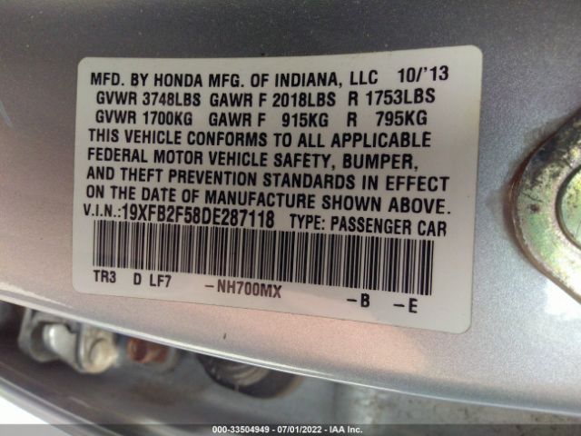 Photo 8 VIN: 19XFB2F58DE287118 - HONDA CIVIC SDN 