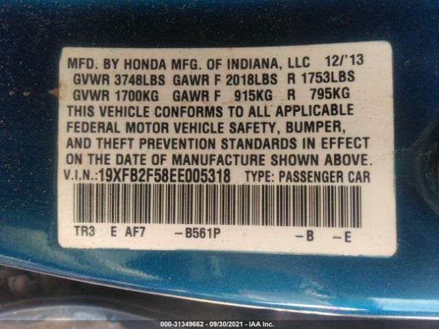 Photo 8 VIN: 19XFB2F58EE005318 - HONDA CIVIC SEDAN 