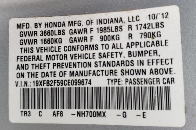 Photo 9 VIN: 19XFB2F59CE099674 - HONDA CIVIC LX 