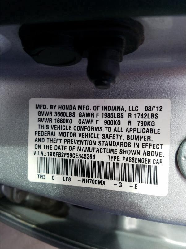 Photo 9 VIN: 19XFB2F59CE345364 - HONDA CIVIC LX 