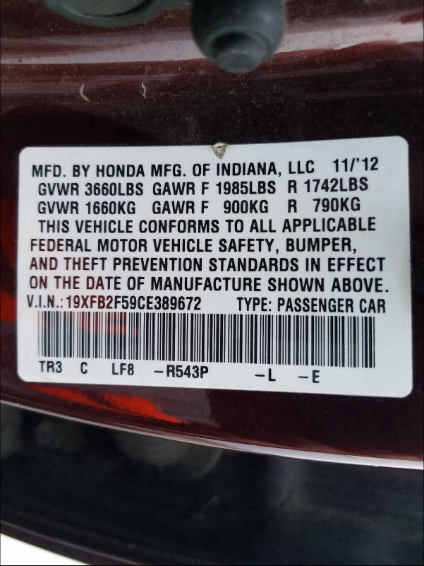 Photo 9 VIN: 19XFB2F59CE389672 - HONDA CIVIC LX 